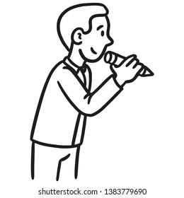 Office guy writing something with a big pen. black white vector comic pond.