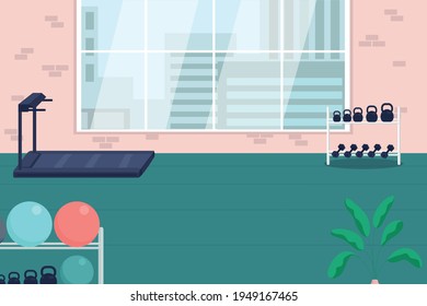 Office Gym Flat Color Vector Illustration. Dumbbells And Treadmill, Corporate Space For Work Break. Exercise, Workout Place. Room With Sports Equipment 2D Cartoon Interior With Window On Background