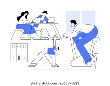 Office gym isolated cartoon vector illustrations. Group of diverse people training in the office space, modern workplace, colleagues stretching together, fitness activity vector cartoon.