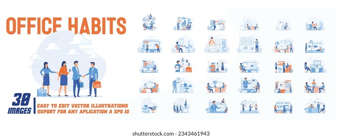 Office habits concept illustration, collection of male and female business people scenes in the office habits scene. mega set flat vector modern illustration