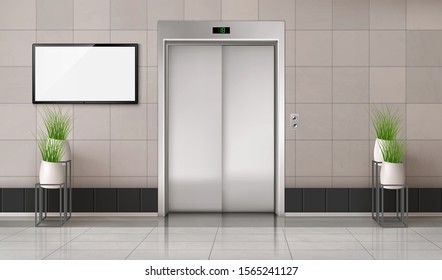 Office hallway with closed elevator door and TV screen on the wall. Vector realistic interior with lift, plants in white pots and blank computer monitor display