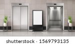 Office hallway with LCD screen floor stand, open and closed elevator doors. Vector realistic empty lobby interior with lift, plants and blank advertising display. White billboard with copy space