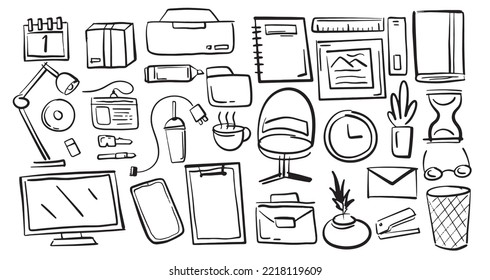 Office hand drawn elements collection illustration vector. 