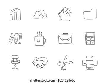 office hand drawn linear vector icons isolated on white background. office doodle icon set for web and ui design, mobile apps and print products