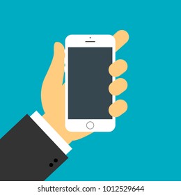 Office hand holds a smartphone in a flat style. Iphone X