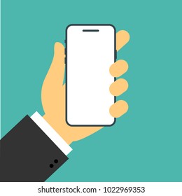 Office hand holds a smartphone in a flat style. Iphone X