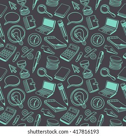 Office Hand-drawn Outline Pattern. Business Items, Elements and Symbols