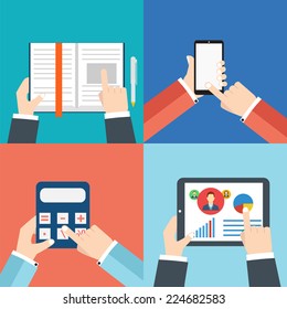 Office hands with: tablet or tablet PC, calculator, book and smartphone