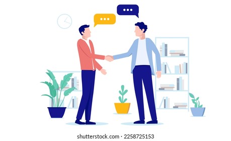 Office handshake - Two businessmen in casual clothes shaking hands and talking with speech bubbles. Business agreement and deal concept, flat design vector illustration with white background