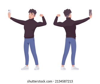 Office handsome man selfie taking, business casual look smart guy. Sporty chic office outfits young businessman. Vector flat style cartoon character set isolated on white background, front, rear view