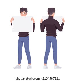 Office handsome man standing, banner, business casual look smart guy. Sporty chic office outfits young businessman. Vector flat style cartoon character set isolated, white background, front, rear view