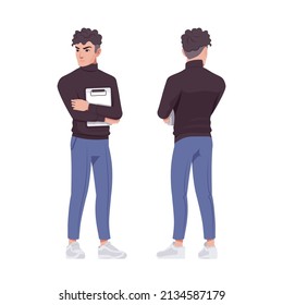 Office handsome man standing, business casual look smart guy. Sporty chic office outfits young businessman. Vector flat style cartoon character set isolated on white background, front and rear view