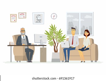 Office Head Consultation - vector illustration of a business situation. Cartoon people characters of senior male, young visitors at work. Company president, manager, advisor in armchair giving advice