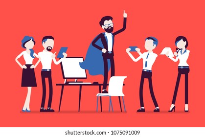 Office Hero Admired By Colleagues For Courage, Outstanding Business Achievements, Extraordinary Sale, Market Powers, Manager In Superhero Cloak Boasting. Vector Illustration With Faceless Characters