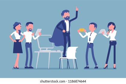 Office hero admired by colleagues for outstanding business achievements, extraordinary sale, market powers, ideal manager in superhero cloak boasting. Vector illustration with faceless characters