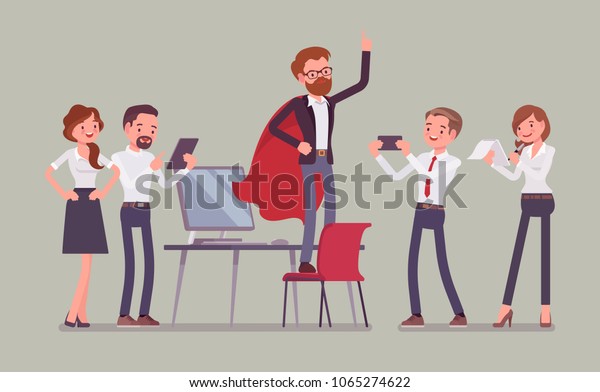 Office hero admired by colleagues for\
courage, outstanding business achievements, extraordinary sale,\
market powers, ideal manager in superhero cloak boasting. Vector\
flat style cartoon\
illustration