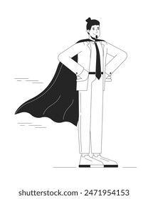 Office-Held schwarz-weiß Cartoon flache Illustration. Erfolgreiche Karriere Kaukasisches Männchen mit winkendem Cape 2D lineart Charakter isoliert. Entwicklung von Leadership-Vektorgrafiken für einfarbige Szenen