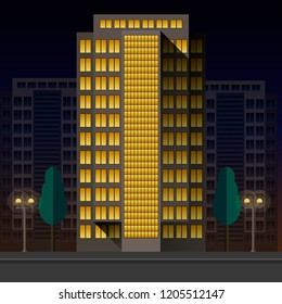 Office high-rise building at night on the background of residential buildings with trees and lanterns brightly illuminating the street. Vector illustration of a flat style.