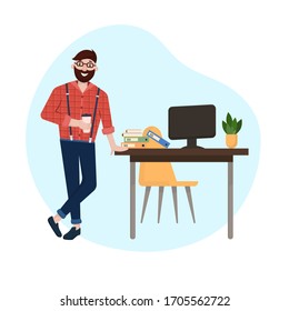 empleado de hipster de oficina con café. Ilustración de vectores en un estilo plano