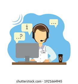 In the office at his workplace, a call center employee in front of a laptop gives information at the client's request 