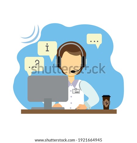 In the office at his workplace, a call center employee in front of a laptop gives information at the client's request 