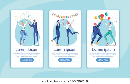 Office Holiday Celebration App Screen Templates. Corporate Party, Workers Greetings, Congratulations. Feasting Male and Female Employees Characters. Entertainment at Work Mobile Application Layouts