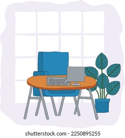 An office or home business scene with a desk and computer workstation in an abstract cubist flat modern cartoon style