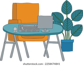 An office or home business scene with a desk and computer workstation in an abstract cubist flat modern cartoon style