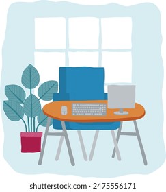 An office or home business scene with a desk and computer workstation in an abstract cubist flat modern cartoon style