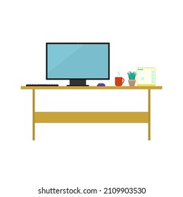 Office or home desk with a computer, calendar, cup of hot drink and houseplant in pot. Isolated on white background. Vector illustration.