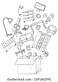 Office and home furniture in the box, mobile office, office relocation. Black and white, vector illustration