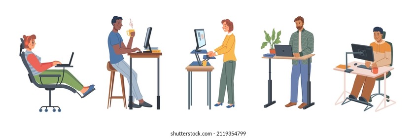 Office or home furniture, isolated people working by adjustable tables and sitting on chairs with regulation. Vector back support and spine relief, footrest and healthy posture at work. Flat cartoon