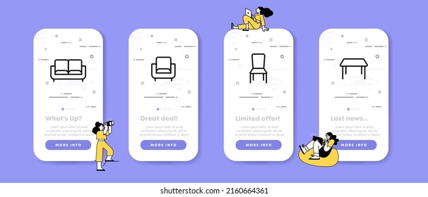 Office and home furniture set icon. Coffee table, book, chair, stand, wooden, comfortable. Comfort concept. UI phone app screens with people. Vector line icon for Business and Advertising.