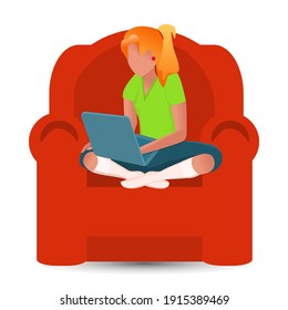 Office at home. The girl works at the laptop. Training, communication, online office at home. The concept of quarantine, school holidays, rest. Work in isolation. Vector illustration for design