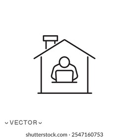 ícone do office home, trabalho em casa, homem trabalha no computador, freelance em tempo de quarentena, símbolo de linha fina isolado no fundo branco, traço editável eps 10 ilustração vetorial