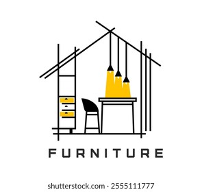 Office and home interior design furniture icon. Architect or construction company line vector symbol, realtor agency or furniture shop minimal icon with bar chair and table, cabinets, ceiling lamps