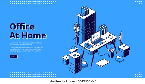 Office at home isometric landing page. Workplace with computer table, Pc monitor and litter bin, working place desk for businessman, analyst, freelancer, 3d vector illustration, web banner line art