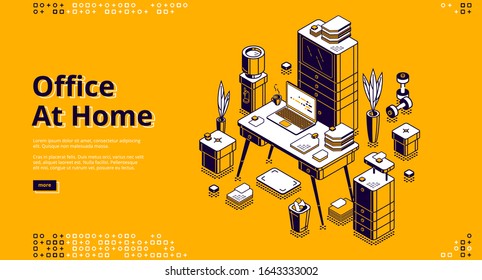 Office at home isometric landing page. Workplace with computer table, laptop and litter bin, working place desk for businessman, analyst, freelancer, 3d vector illustration, web banner, line art