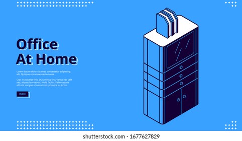 Office at home isometric landing page. Workplace with drawer cabinet and file organizer on blue background, working equipment for businessman, analyst, freelancer, 3d vector line art web banner