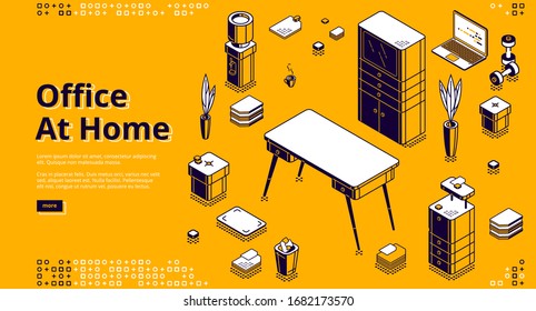 Office at home isometric landing page. Workplace with computer table, Pc monitor and litter bin, working place desk for businessman, analyst, freelancer, 3d vector illustration, web banner line art