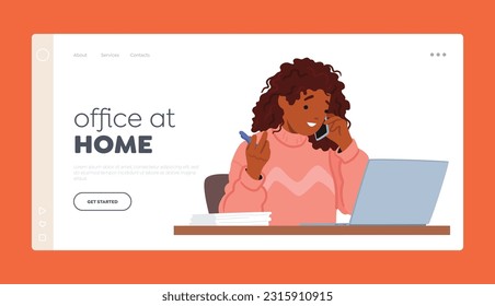 Plantilla de la página de inicio de Office en el hogar. Personaje De Mujer Trabajando En Portátil Y Haciendo Una Llamada Telefónica Simultáneamente, Gestionando Eficientemente Las Tareas Y La Productividad. Ilustración de vectores de personas de caricatura