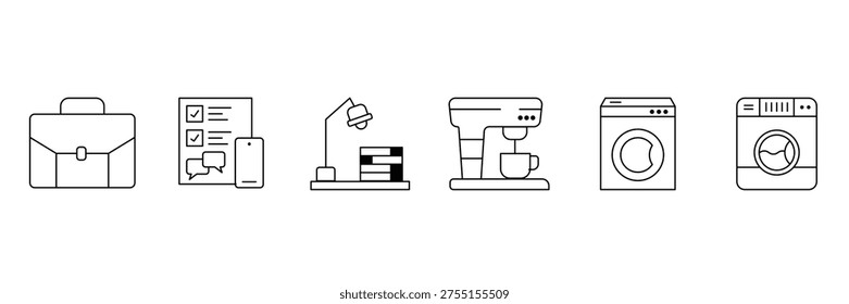 Office and home lifestyle objects featuring briefcase checklist desk lamp coffee machine and washing machine as icon vector illustration set