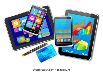 Office and home tablet computers, mobile phones of different generations, bank card and pen with gold nib as a successful business concept.