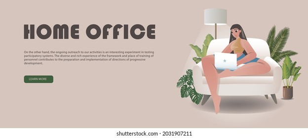 Office at home. A woman works at home and talks with colleagues on the Internet. A woman sitting on a sofa in a room looking at a laptop screen. Freelancer or blogger home office concept. Flat design 