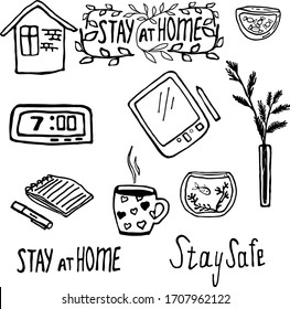 Office at home, work online.Set doodles. Freelance, Tablet, Clock, and Notebook for Work at Home. Coffee mug and candy for a break. Interior items for work at home. Cozy house.Letering, Stay home.