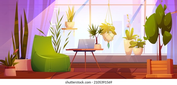 Office or home workplace with laptop on table, chair and green plants. Vector cartoon illustration of empty lounge interior with comfort place for remote work or freelance and houseplants in pots