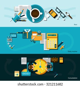 Office horizontal banner set with flat daily routine business elements isolated vector illustration