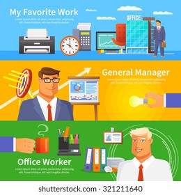 Office horizontal banner set with work items and worker avatars flat isolated vector illustration