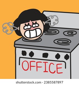 The Office Hothead Woman Lying On A Very Hot Stove Of Her Office Oven Concept Card Character illustration