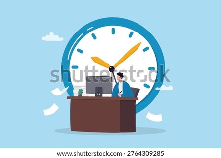 Office hour, employee time clock system, stress time to finish work within deadline timer, schedule or appointment reminder, businessman working at office desk with time clock as late office hour.